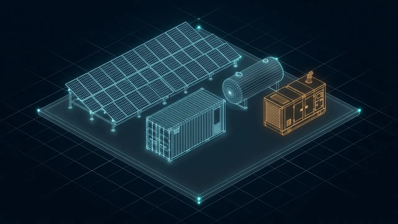 How Much Fuel Does a Solar-Diesel Hybrid Save at a Remote Site? - 3D Wireframe Animation