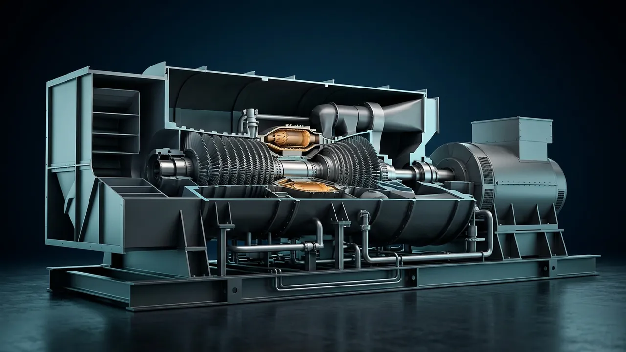 Style frame: 3D cutaway animation of a gas turbine generator package