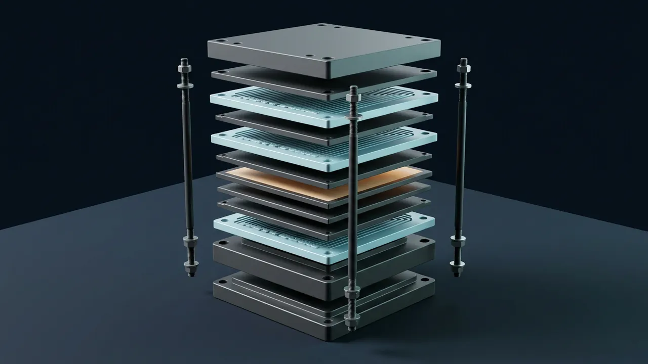 Style frame: 3D exploded view of a fuel cell stack