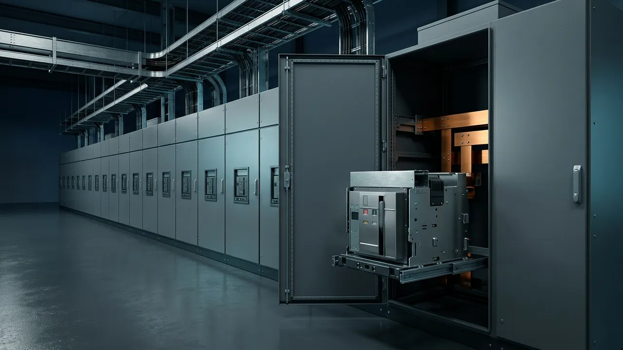 Style frame: interactive 3D switchgear room with a drawout breaker pulled forward